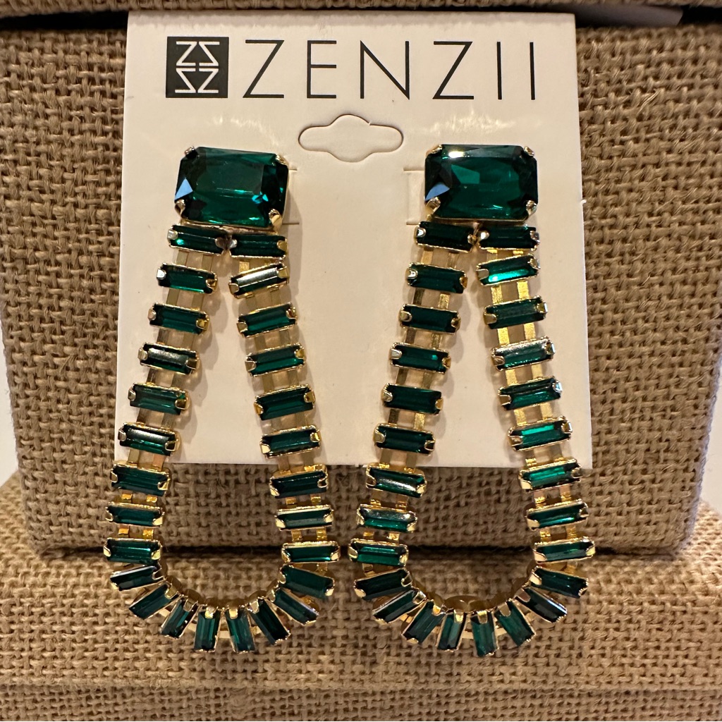 Nwt Zenzii Earrings- Statement, Gold Tone W/ Green Rectangle Baguette Crystals